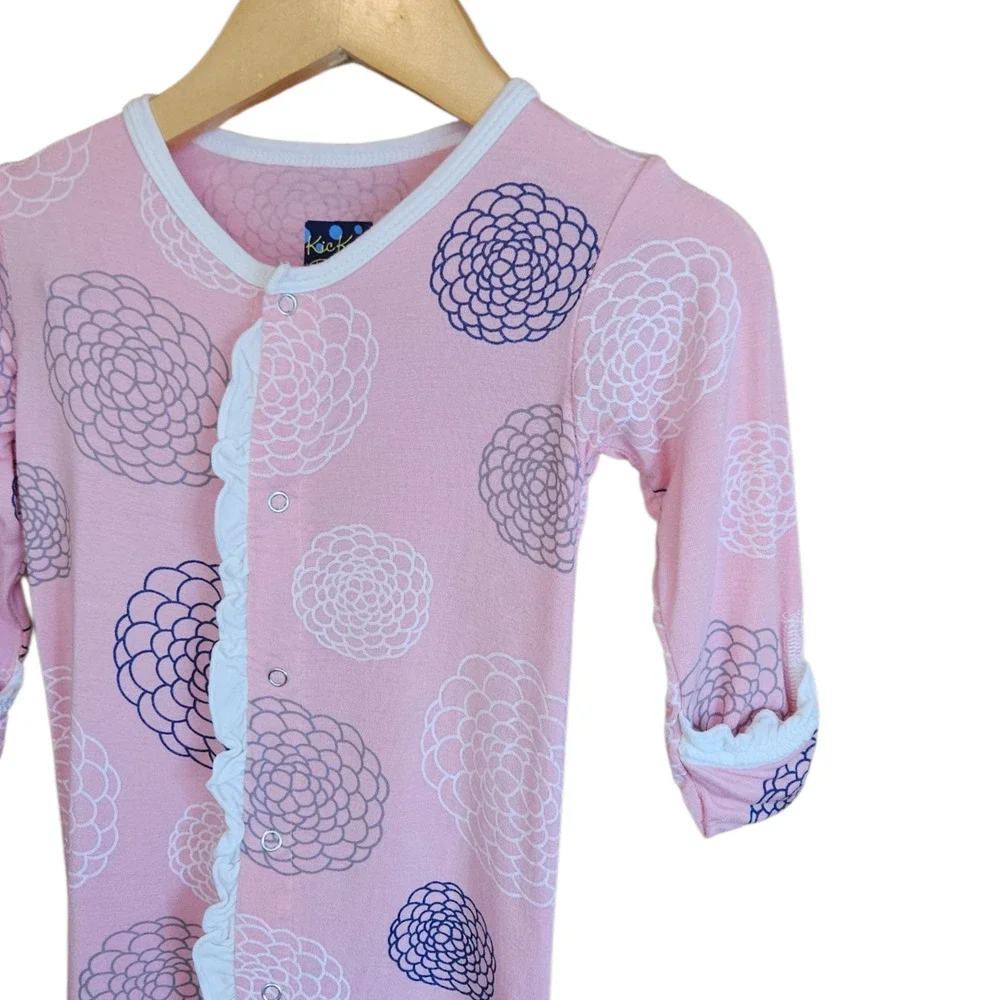 KicKee Pants Pink Mums Floral Bamboo Ruffle Front Sleeper Pajamas 6-12 Months